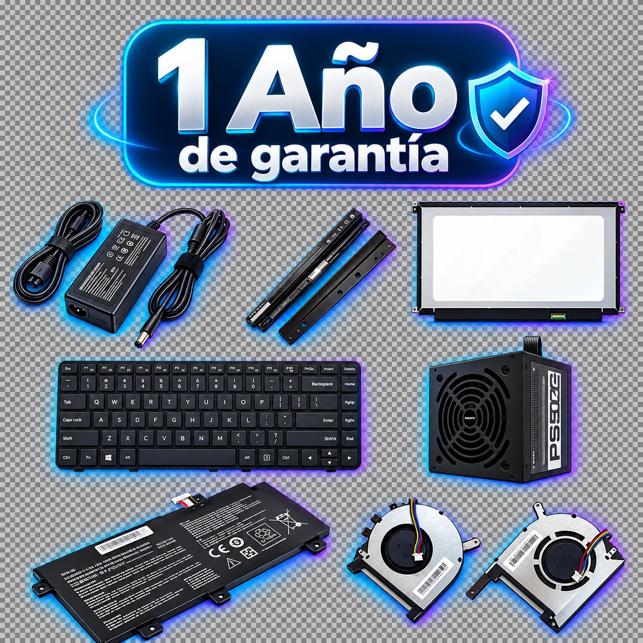 Refacciones para equipos de cómputo: cargador, pantalla, teclado, batería, fuente de alimentación y ventiladores. El banner indica un año de garantía; la oferta de EmmTek TI es de hasta 12 meses.
