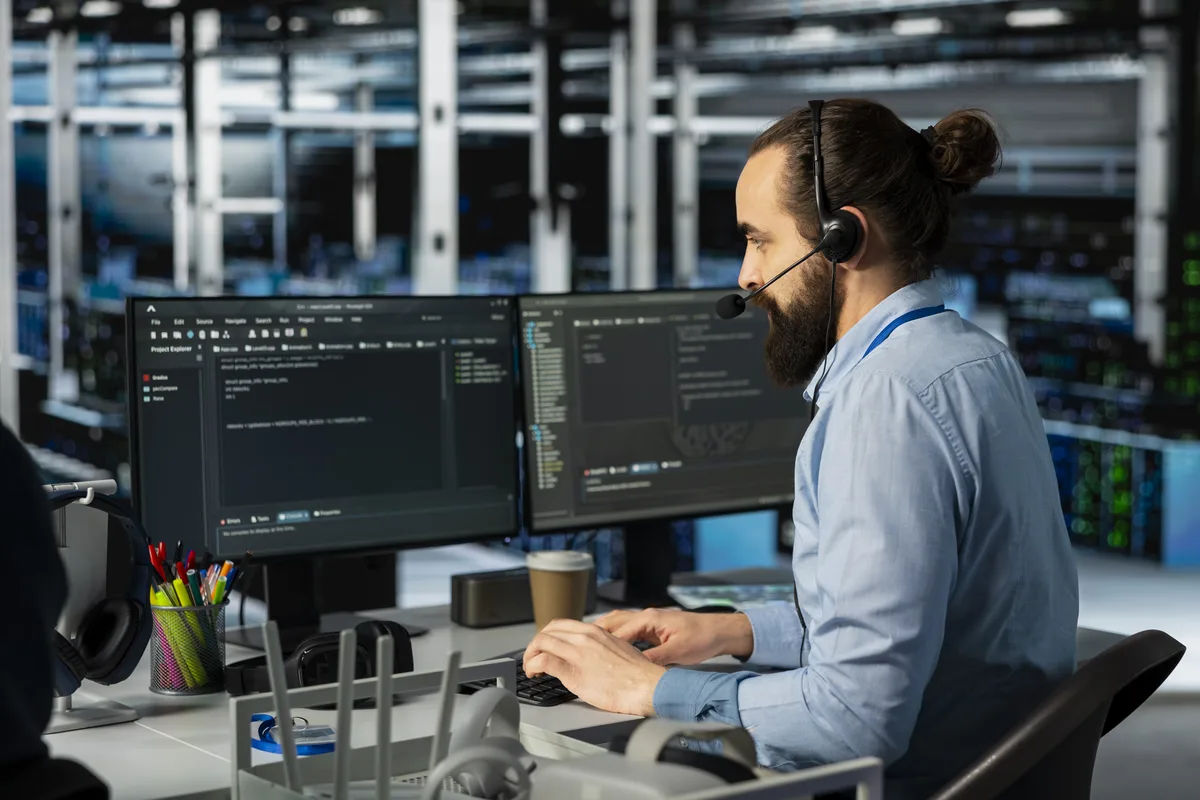 Especialista con auriculares trabajando frente a monitores en un centro de servidores
