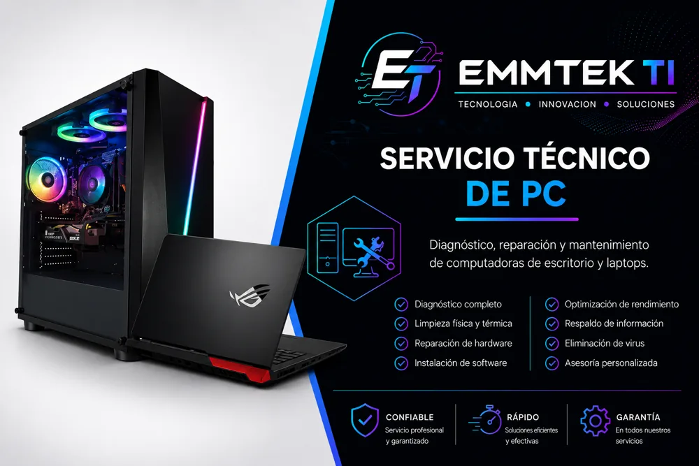 Servicio técnico: Diagnóstico, reparación y mantenimiento de computadoras de escritorio y laptops. Cuidamos tus equipos para que puedas concentrarte en tu trabajo.